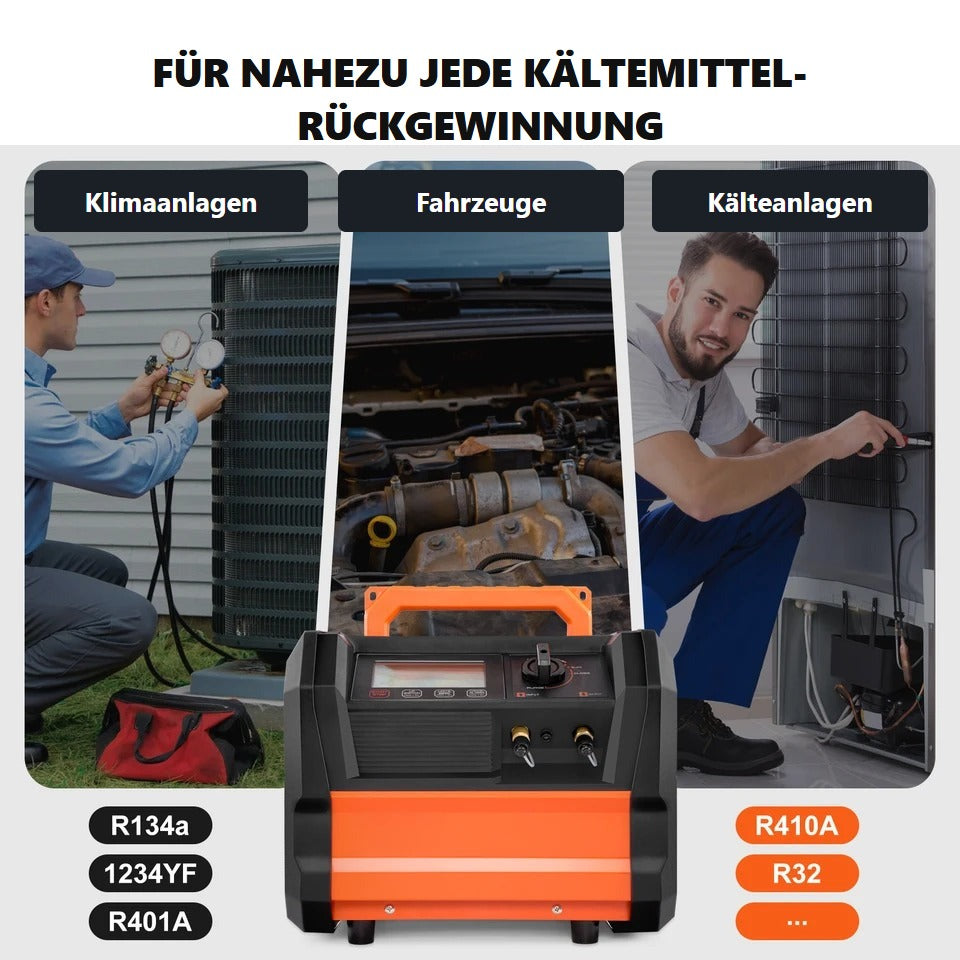 Einsatzbereiche des Rueckgewinnungsgeraets: Klimaanlagen, Fahrzeuge und Kaelteanlagen mit R134a, R1234yf, R401A, R410A und R32