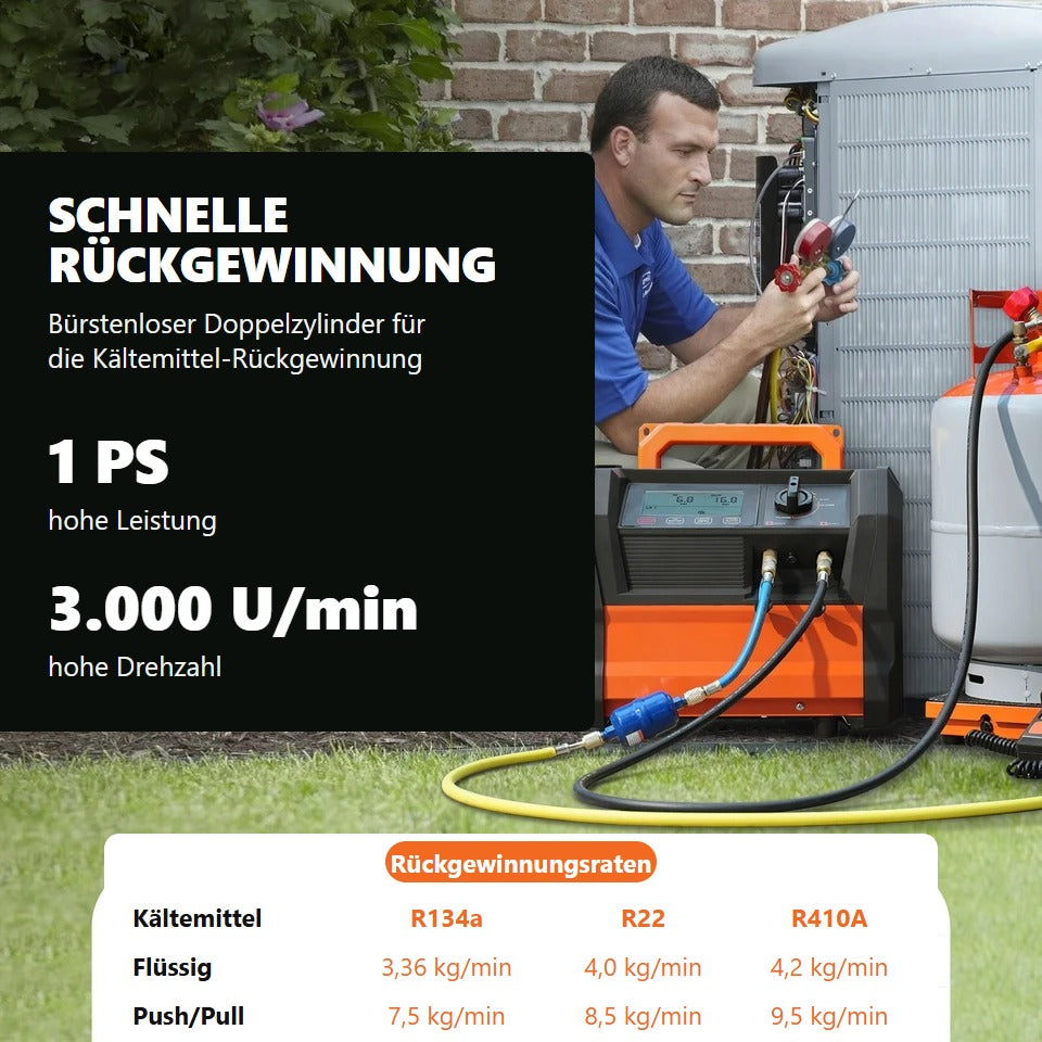 Rueckgewinnungsgeraet im Einsatz mit Sammelbehaelter, Angaben zu 1 PS, 3000 Umdrehungen pro Minute und Tabelle der Rueckgewinnungsraten