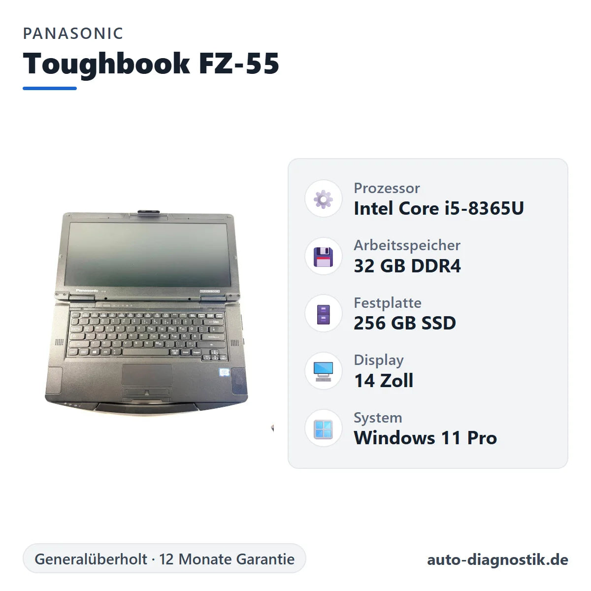Panasonic Toughbook FZ-55 mit Übersicht der wichtigsten technischen Daten