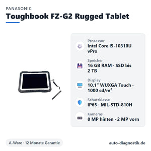 Panasonic Toughbook FZ-G2 Rugged Tablet mit Übersicht der wichtigsten technischen Daten