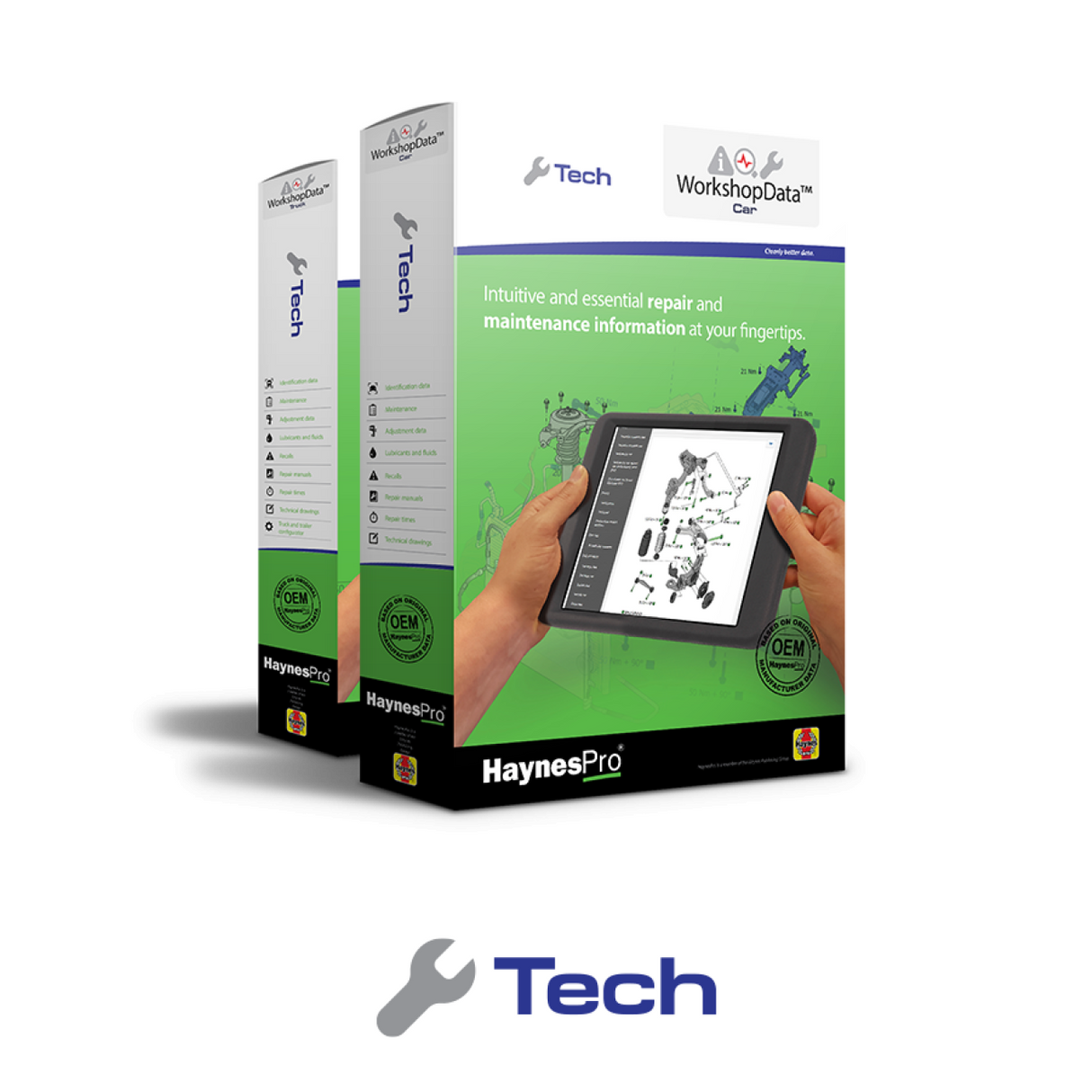 HaynesPro WorkshopData Tech Softwarepaket – Verpackung mit Tablet und Reparaturdaten