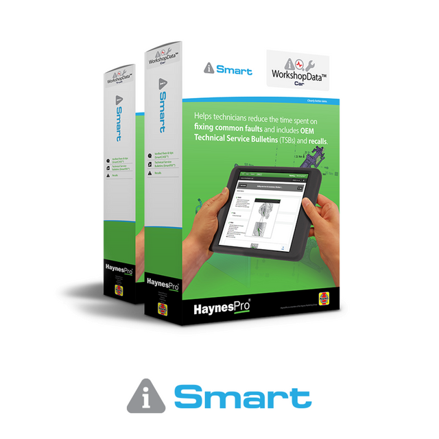 HaynesPro WorkshopData Smart Upgrade – Softwarepaket-Verpackungen mit Tablet und Reparaturfall-Ansicht