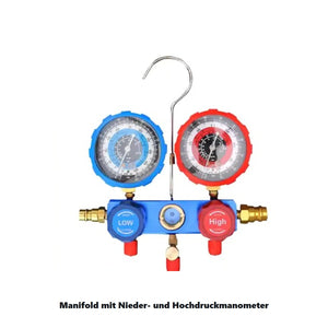 Manifold-Block mit Niederdruck- und Hochdruckmanometer, Schauglas und Aufhaengehaken