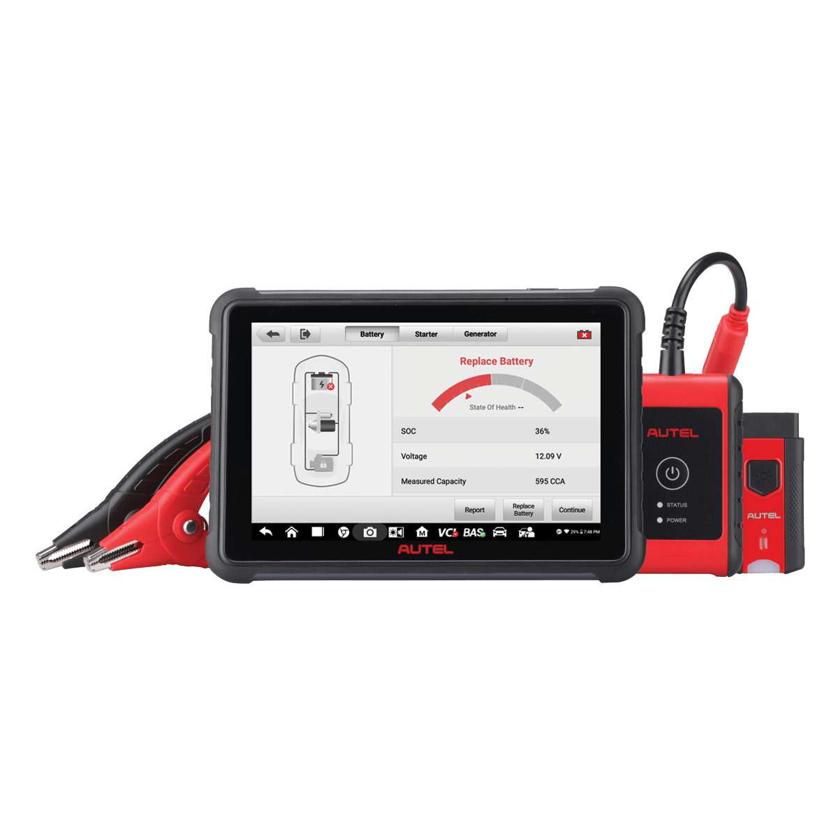 Autel MaxiBAS BT609 Tablet mit Batterietest-Ergebnis, MaxiBAS B200 Testmodul und MaxiVCI V200