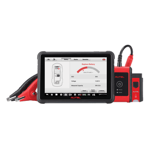 Autel MaxiBAS BT609 Tablet mit Batterietest-Ergebnis, MaxiBAS B200 Testmodul und MaxiVCI V200