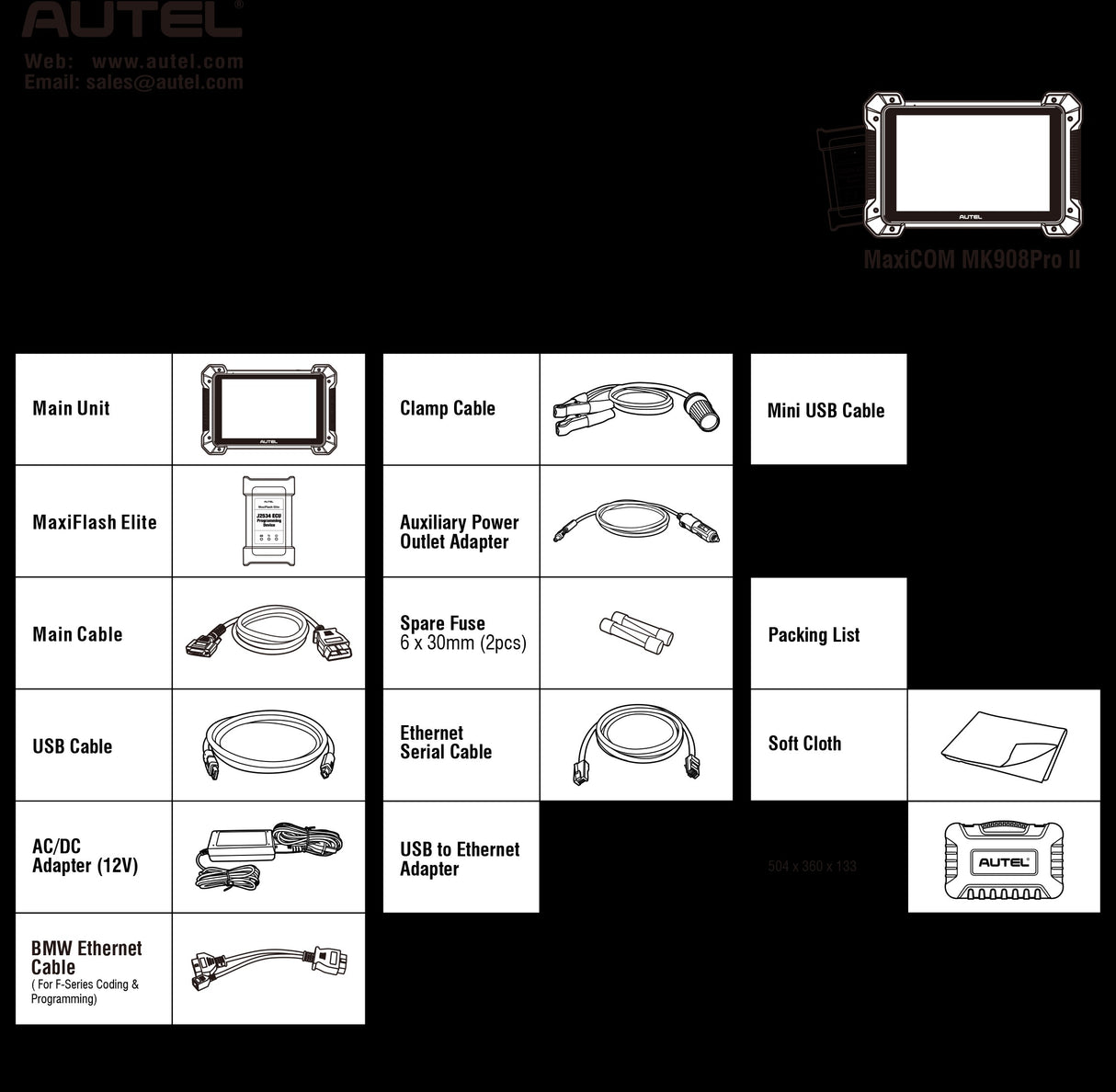 Autel MaxiCom MK908 Pro II Lieferumfang mit MaxiFlash Elite, Kabeln, Adaptern und Transportkoffer