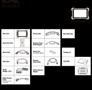 Autel MaxiCom MK908 Pro II Lieferumfang mit MaxiFlash Elite, Kabeln, Adaptern und Transportkoffer