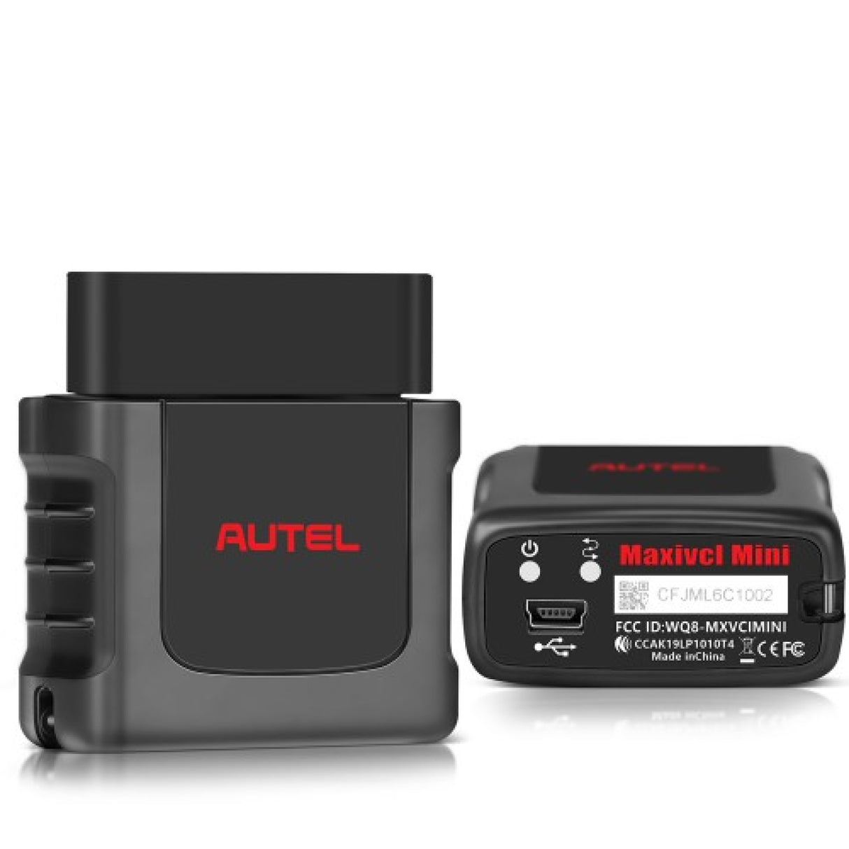 MaxiVCI Mini Bluetooth-Diagnose-Interface in Vorder- und Rückansicht mit Mini-USB-Anschluss