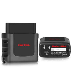 MaxiVCI Mini Bluetooth-Diagnose-Interface in Vorder- und Rückansicht mit Mini-USB-Anschluss
