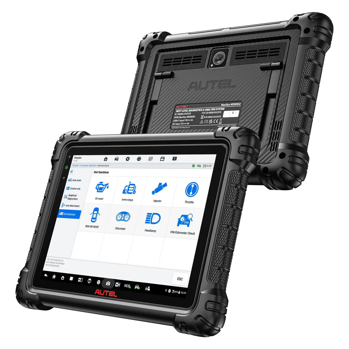 Autel MaxiSys MS909 S2 Vorder- und Rückseite mit Servicefunktionen und Kamera