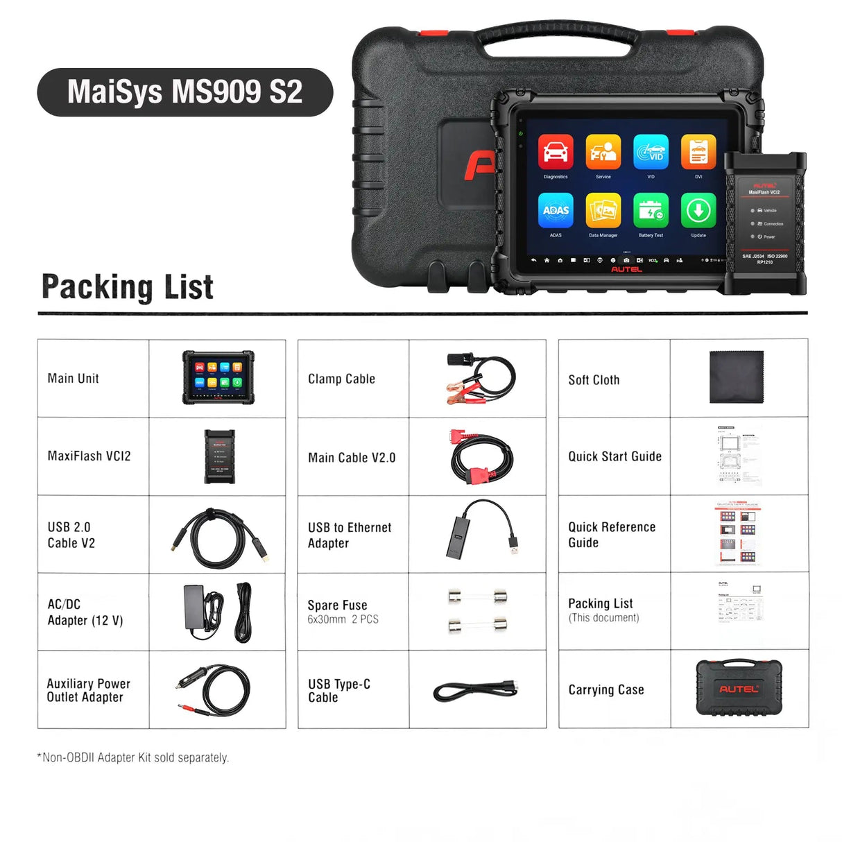 Autel MaxiSys MS909 S2 Lieferumfang-Übersicht mit MaxiFlash VCI2 und Kabeln