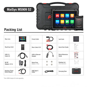 Autel MaxiSys MS909 S2 Lieferumfang-Übersicht mit MaxiFlash VCI2 und Kabeln