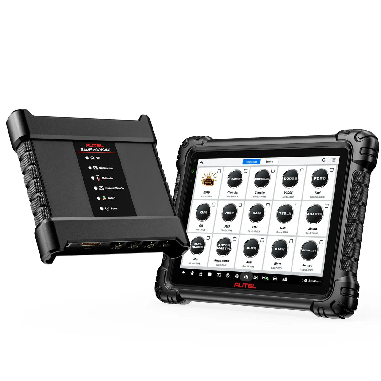Autel MaxiSys MS919 S2 mit MaxiFlash VCMI2 Oszilloskop-Anschlüssen und Fahrzeugsoftware-Übersicht