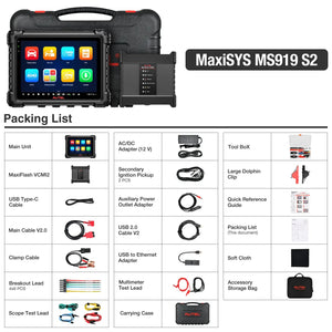Autel MaxiSys MS919 S2 Lieferumfang-Übersicht mit VCMI2, Messleitungen und Toolbox