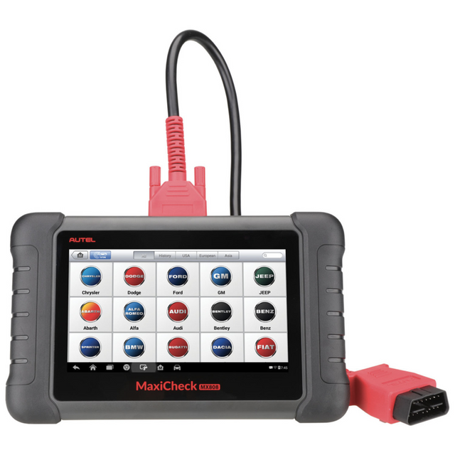 Autel MaxiCheck MX808S Diagnosetablet mit OBD2-Verbindungskabel und Fahrzeugmarken-Auswahl