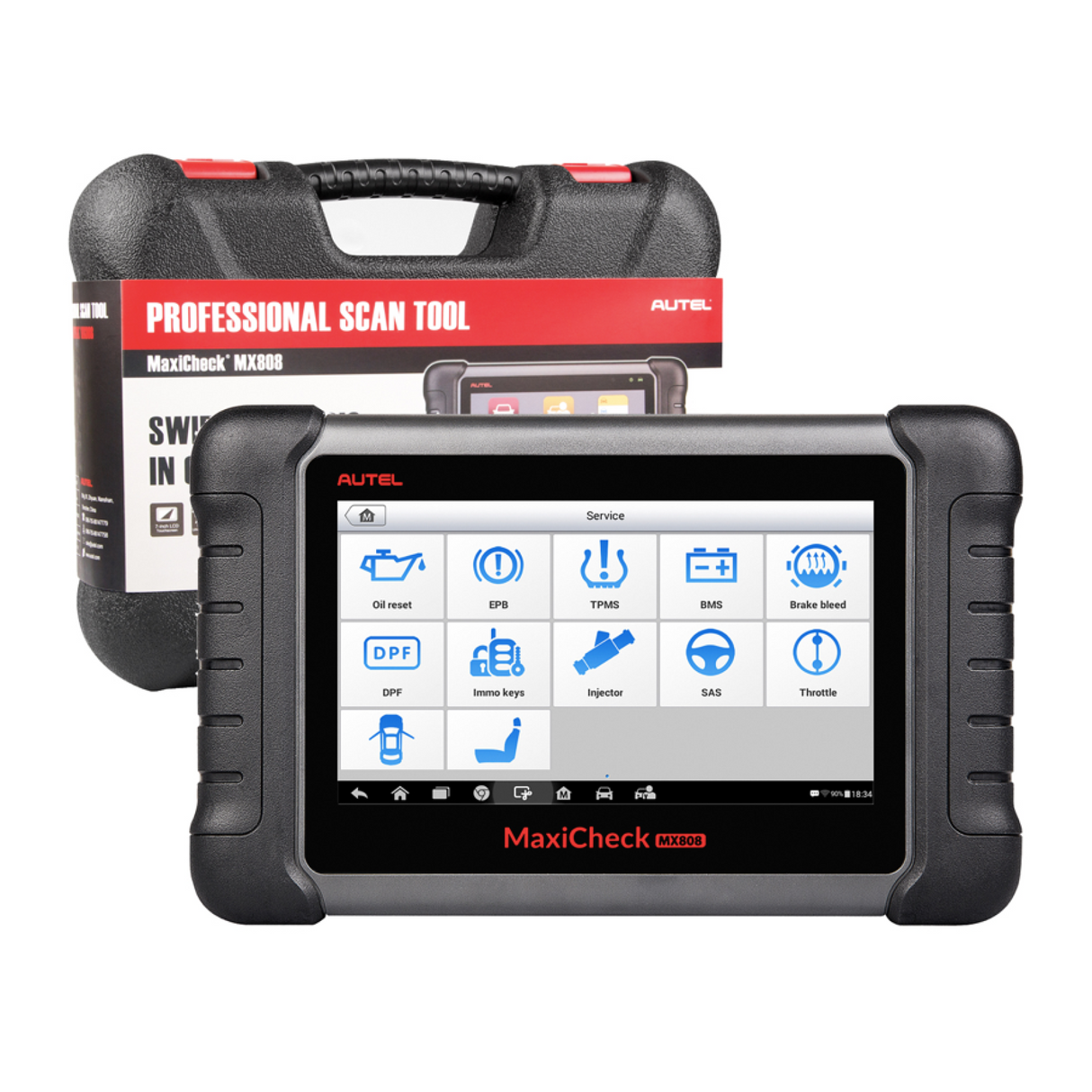 Autel MaxiCheck MX808S mit Servicefunktions-Menü vor dem Transportkoffer