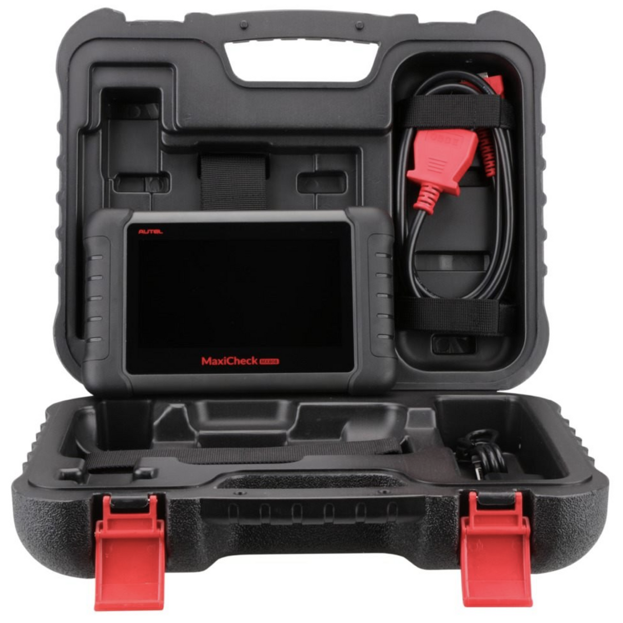 Autel MaxiCheck MX808S im geöffneten Koffer mit OBD2-Kabel und Ladegerät