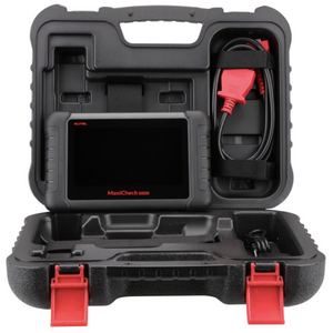 Autel MaxiCheck MX808S im geöffneten Koffer mit OBD2-Kabel und Ladegerät