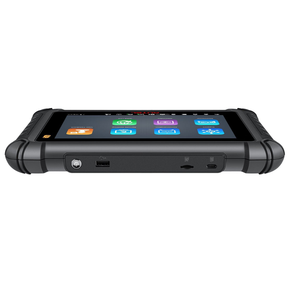 Autel MaxiCheck MX900-TS liegend mit Blick auf USB-, MicroSD- und USB-C-Anschluss