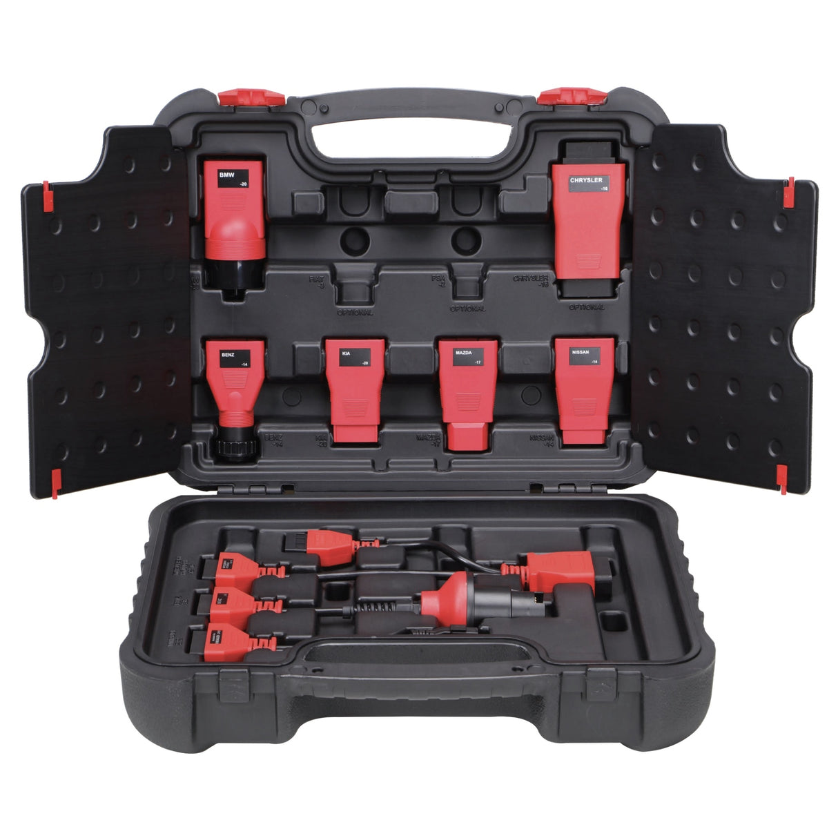 Geöffneter Autel OBD1 Adapterkoffer mit roten Fahrzeugadaptern für BMW, Mercedes-Benz, Chrysler, Kia, Mazda und Nissan sowie weiteren Adaptern im Unterteil