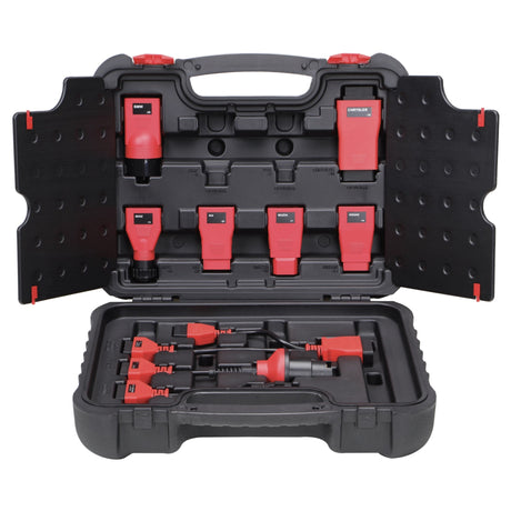 Geöffneter Autel OBD1 Adapterkoffer mit roten Fahrzeugadaptern für BMW, Mercedes-Benz, Chrysler, Kia, Mazda und Nissan sowie weiteren Adaptern im Unterteil