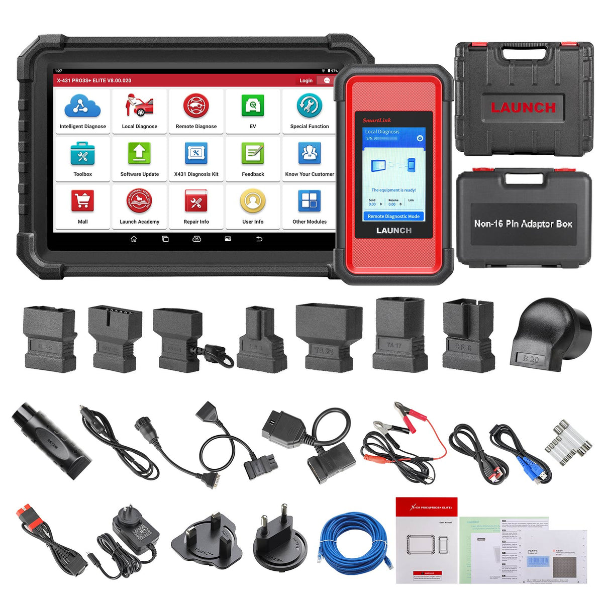 Kompletter Lieferumfang des LAUNCH X431 PRO3S+ Elite mit SmartLink C, Adaptern, Kabeln und Koffern