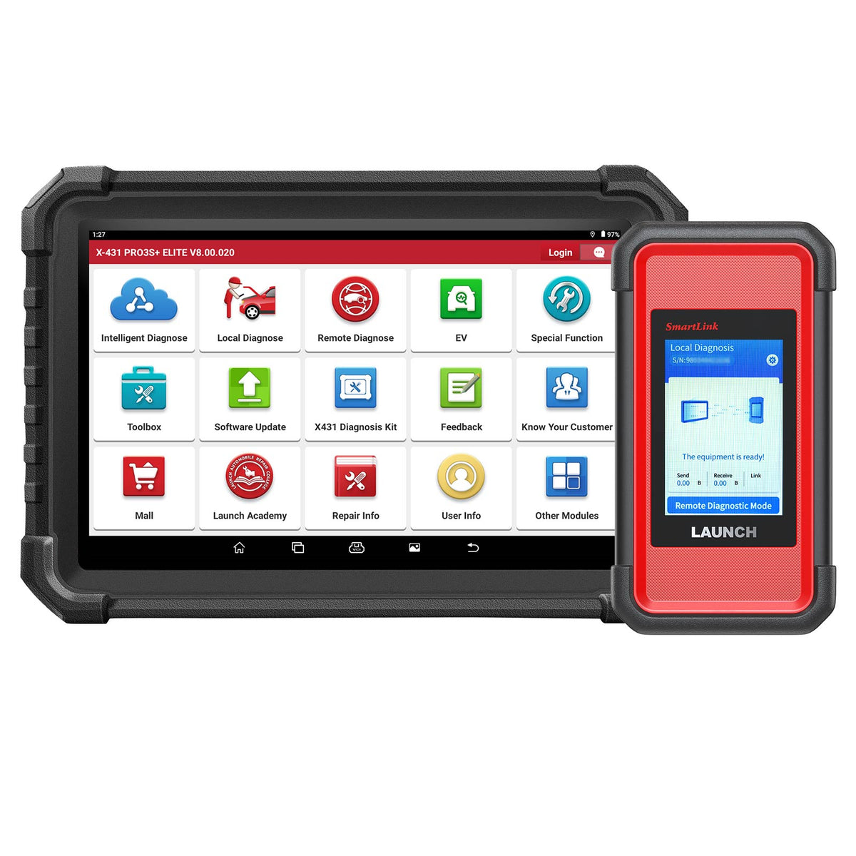 LAUNCH X431 PRO3S+ Elite Diagnose-Tablet mit SmartLink C Interface vor weissem Hintergrund