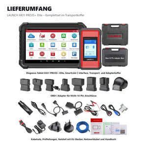 Lieferumfang des LAUNCH X431 PRO3S+ Elite mit Tablet, SmartLink C, OBD1-Adaptern und Kabelsatz