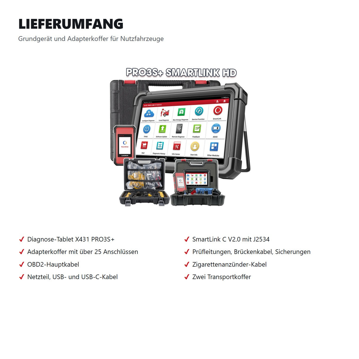 Lieferumfang des LAUNCH X431 PRO3S+ mit Adapterkoffer fuer Nutzfahrzeuge, SmartLink C, Kabeln und zwei Transportkoffern