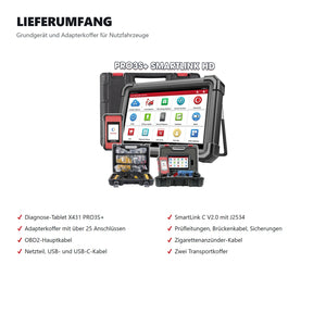 Lieferumfang des LAUNCH X431 PRO3S+ mit Adapterkoffer fuer Nutzfahrzeuge, SmartLink C, Kabeln und zwei Transportkoffern