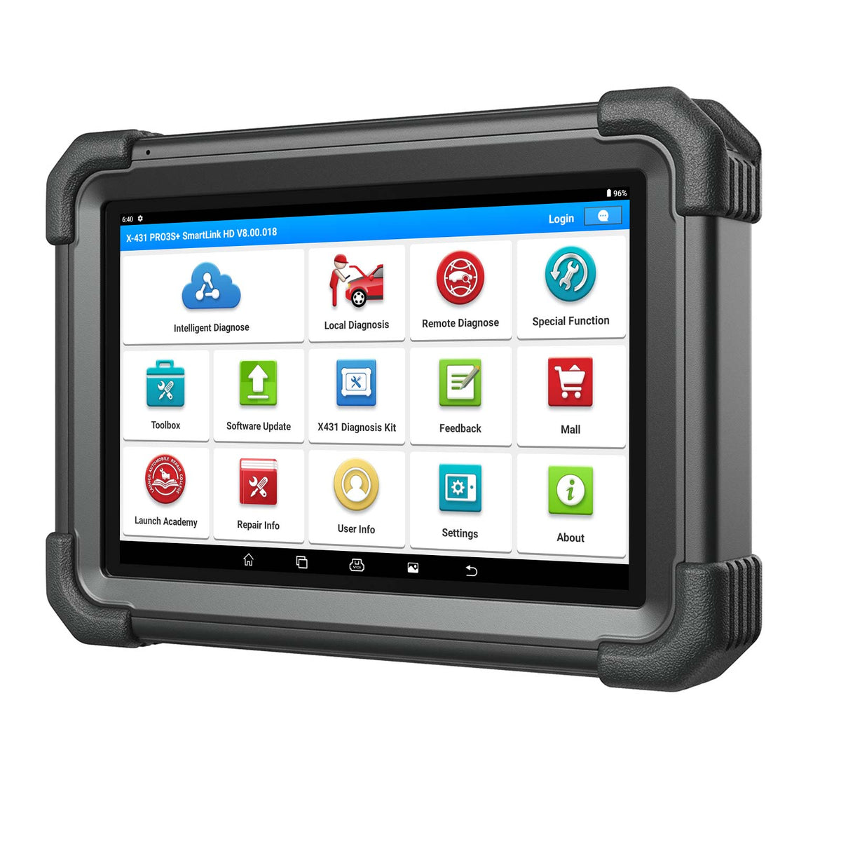 LAUNCH X431 PRO3S+ Diagnose-Tablet schraeg von vorne mit geoeffnetem Hauptmenue