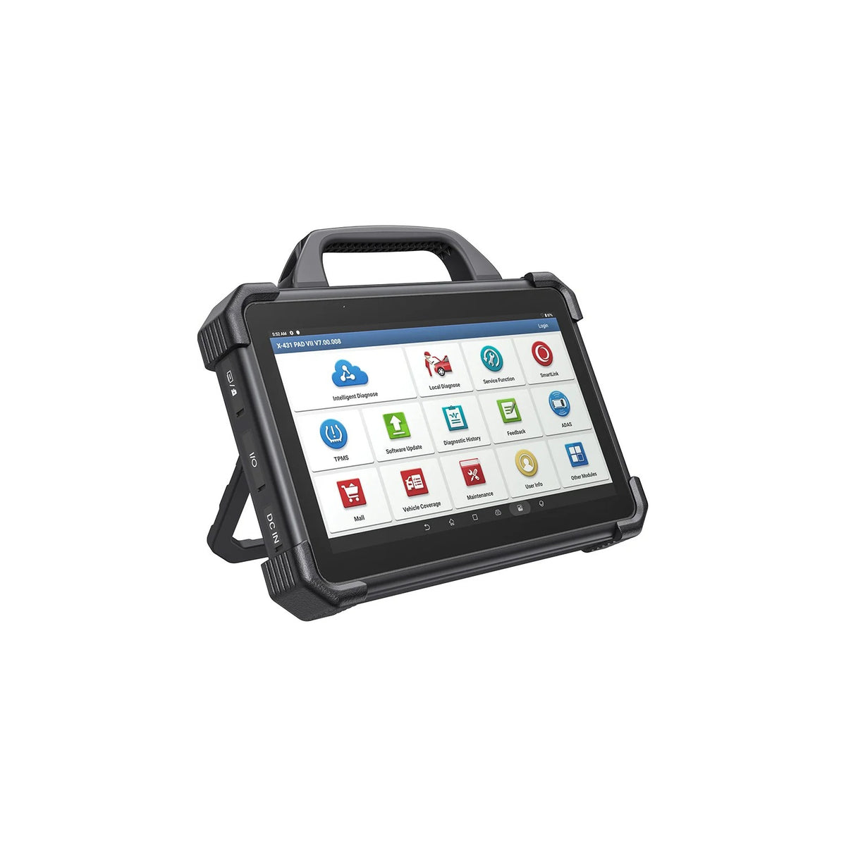 LAUNCH X431 PAD VII seitlich mit ausgeklapptem Standfuss und Anschluessen