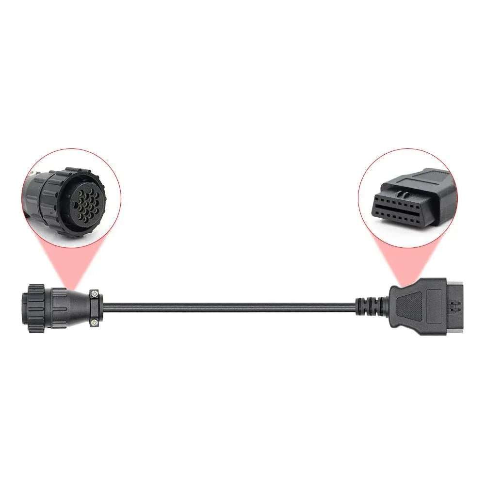 Scania Adapterkabel in voller Laenge mit Detailansicht des runden 16-Pin Steckers und der 16-Pin OBD2 Buchse