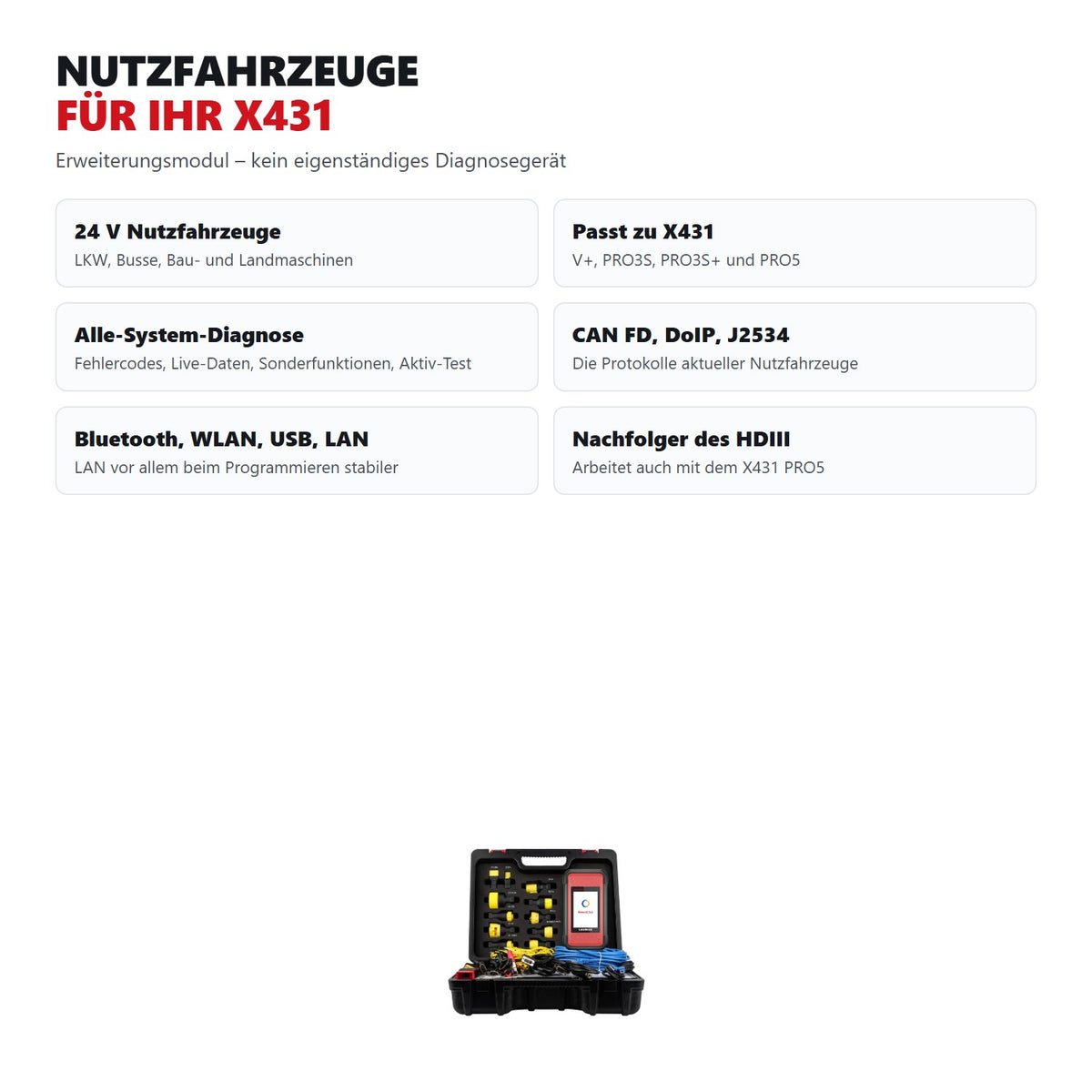 Funktionsuebersicht des SmartLink C 2.0: 24 V Nutzfahrzeuge, passend zu X431 V+, PRO3S und PRO5, CAN FD, DoIP und J2534
