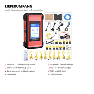 Lieferumfang des SmartLink C 2.0 mit Adaptersatz, Pruefleitungen, LAN-Kabel und Transportkoffer