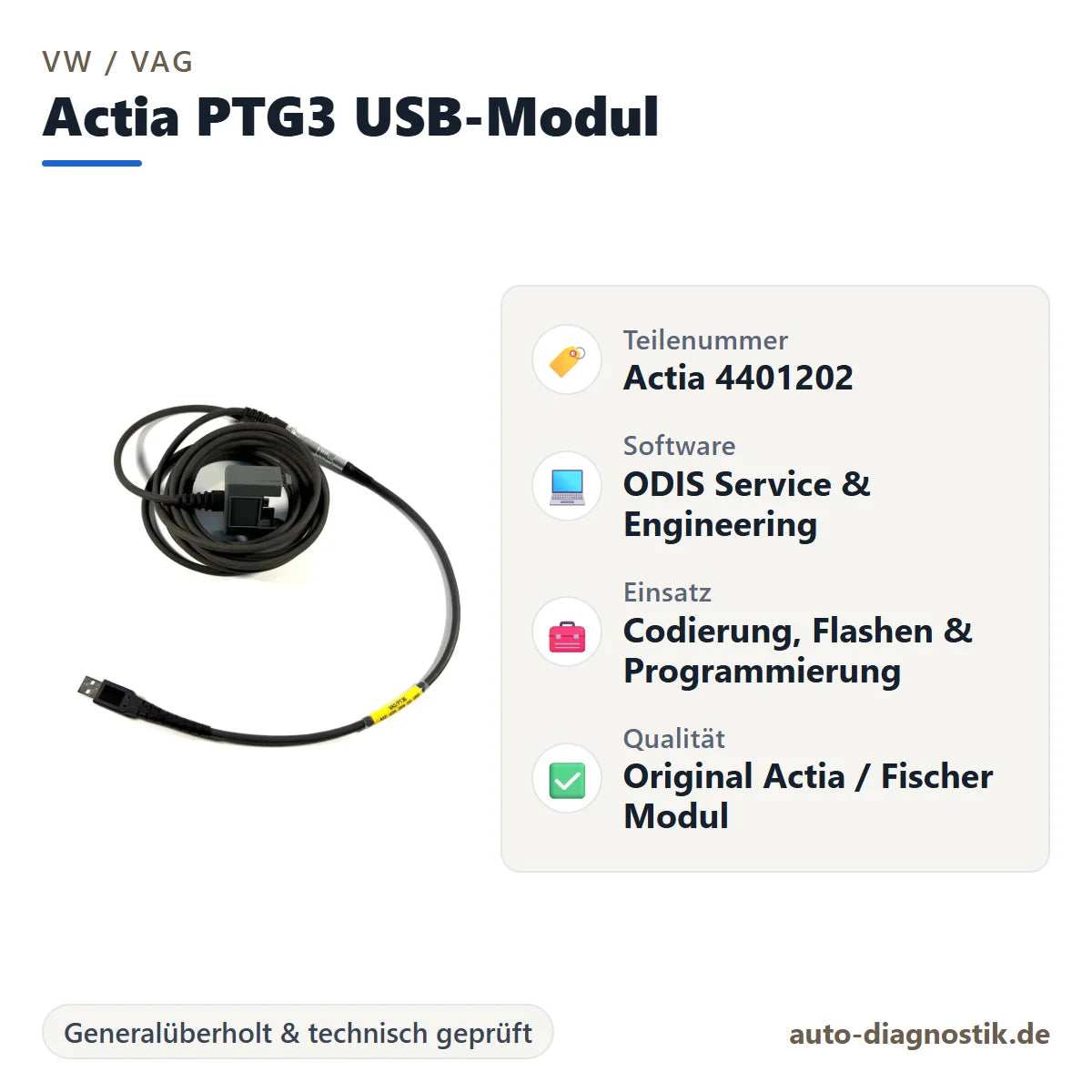 VW VAG Actia PTG3 USB-Modul mit Übersicht der wichtigsten Eigenschaften