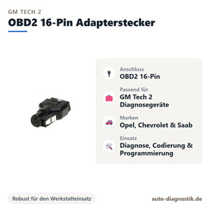 GM Tech 2 OBD2 16-Pin Adapterstecker mit Übersicht der wichtigsten Anschlüsse