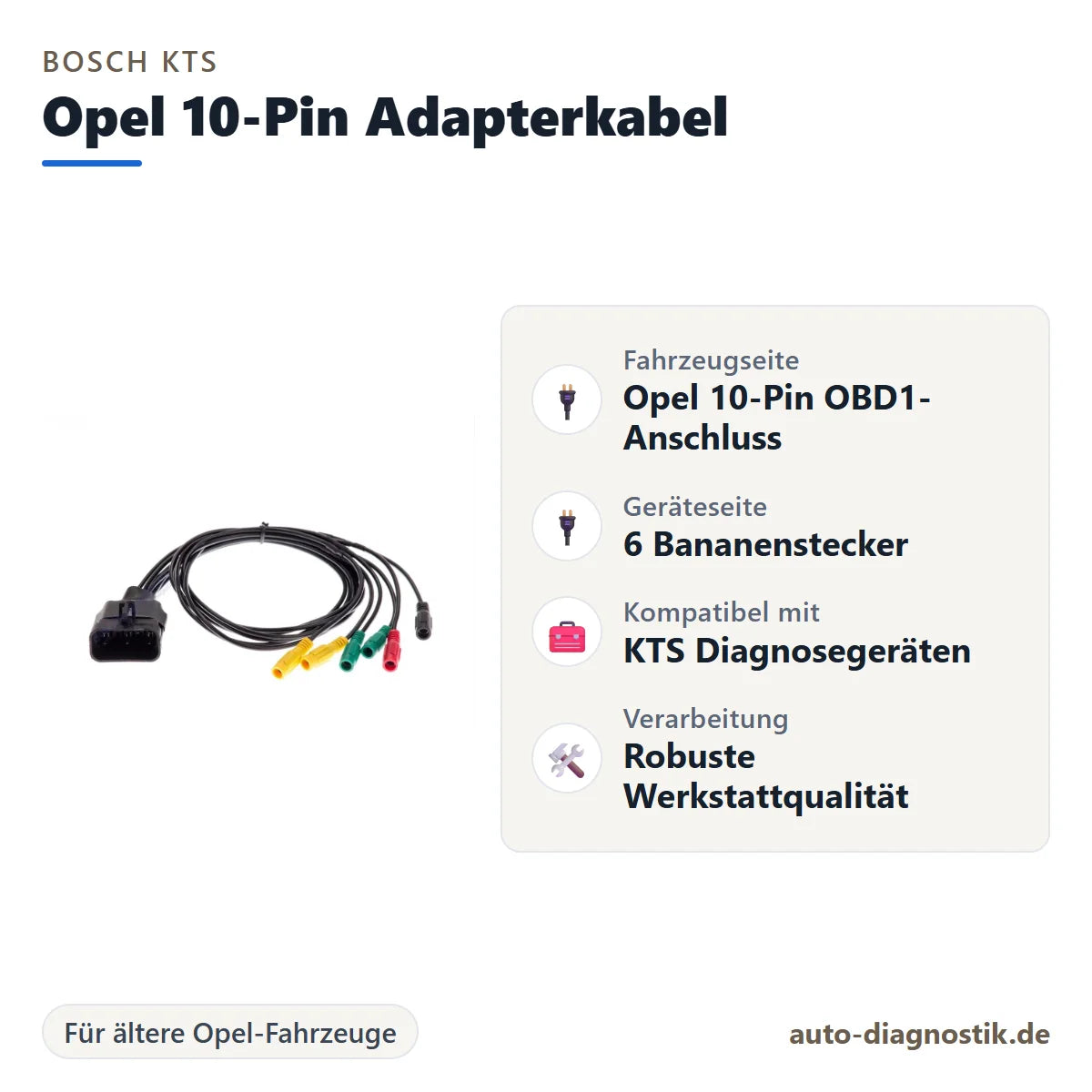 Bosch KTS Opel 10-Pin Adapterkabel mit Übersicht der wichtigsten Anschlüsse