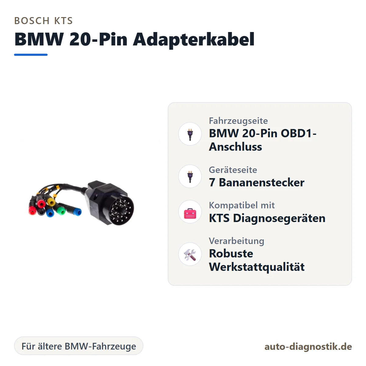 Bosch KTS BMW 20-Pin Adapterkabel mit Übersicht der wichtigsten Anschlüsse