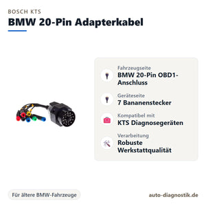 Bosch KTS BMW 20-Pin Adapterkabel mit Übersicht der wichtigsten Anschlüsse