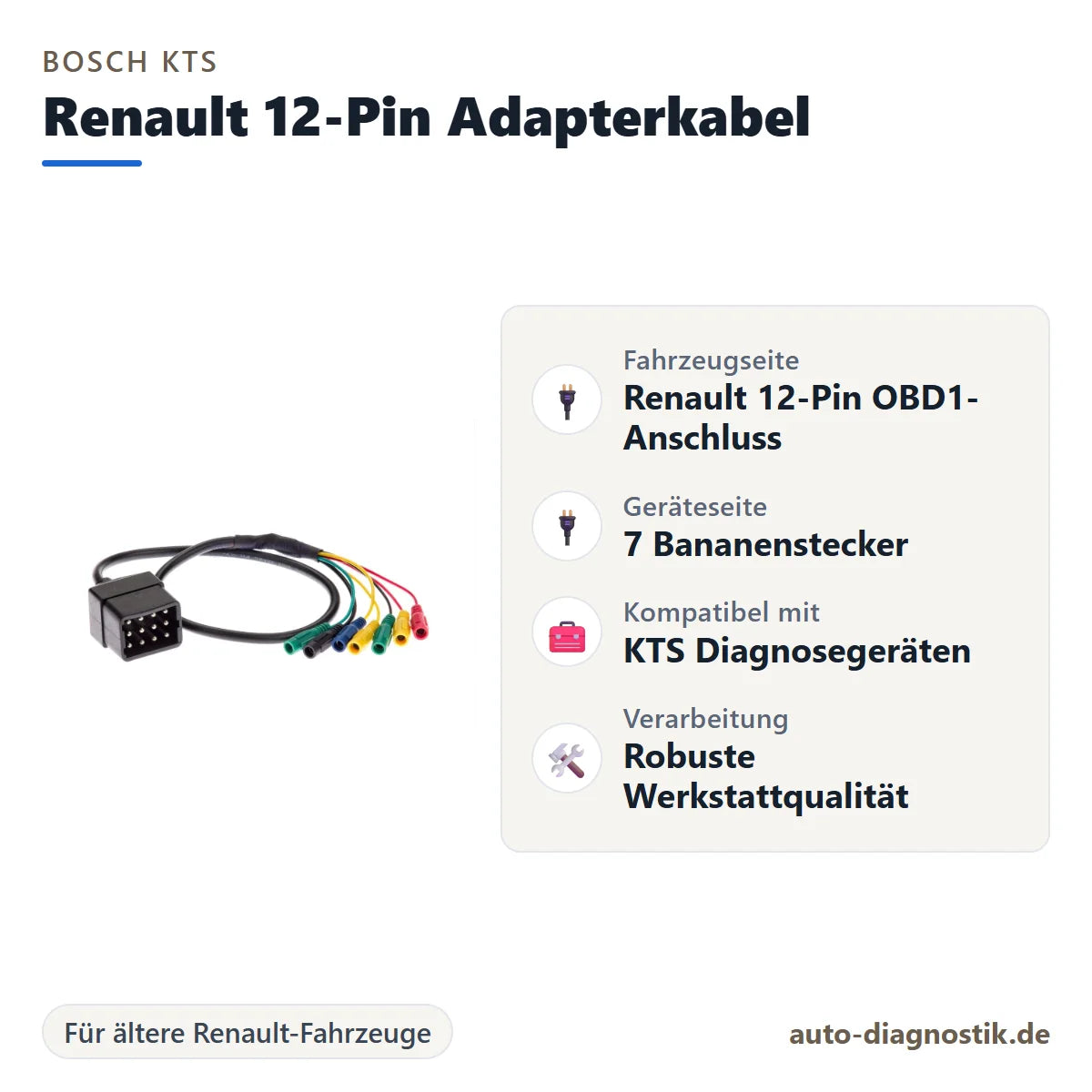 Bosch KTS Renault 12-Pin Adapterkabel mit Übersicht der wichtigsten Anschlüsse