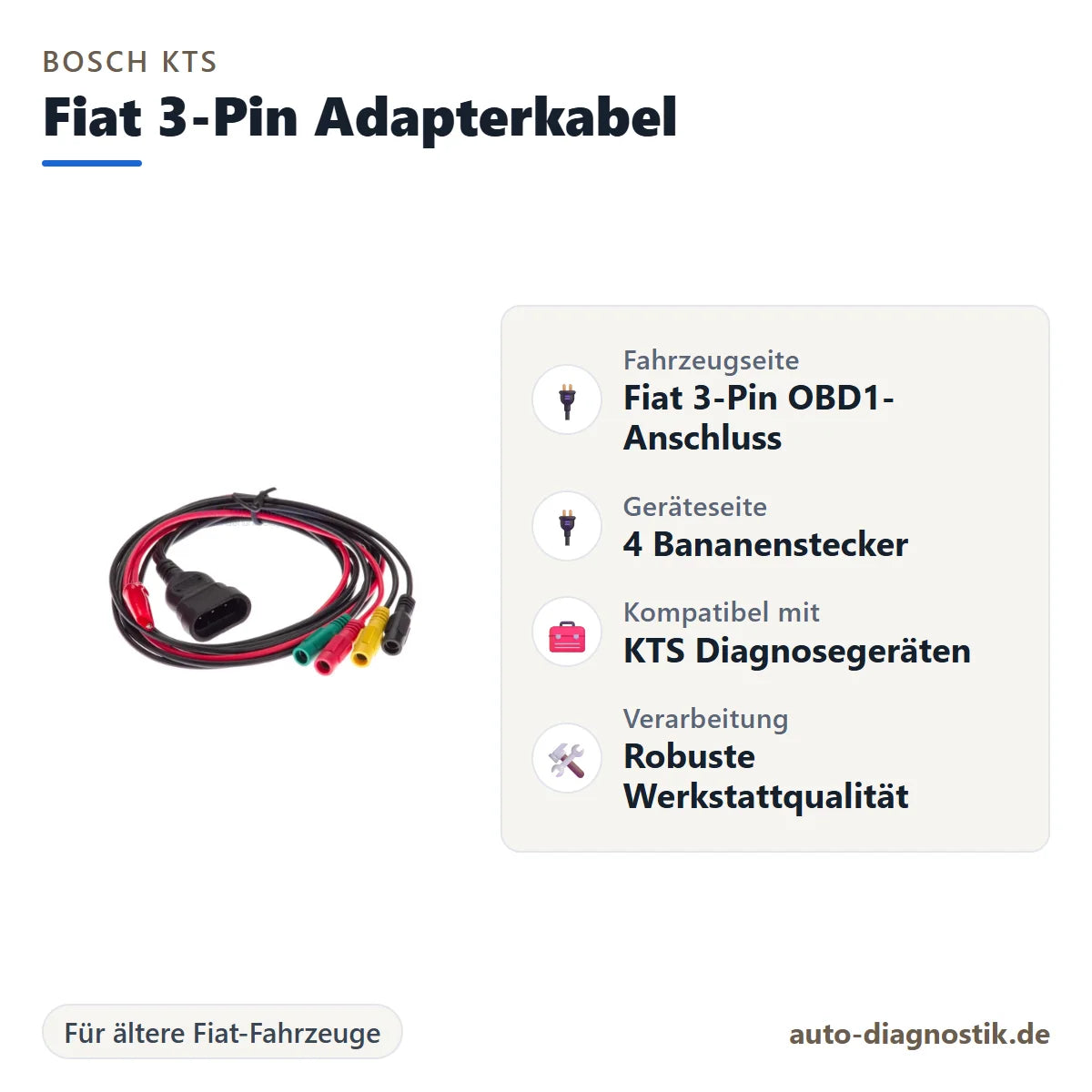 Bosch KTS Fiat 3-Pin Adapterkabel mit Übersicht der wichtigsten Anschlüsse