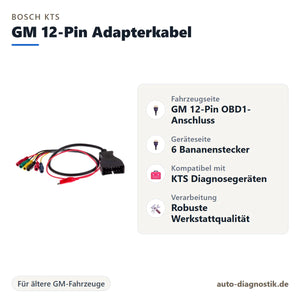 Bosch KTS GM 12-Pin Adapterkabel mit Übersicht der wichtigsten Anschlüsse