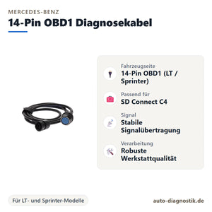 Mercedes-Benz 14-Pin OBD1 Diagnosekabel mit Übersicht der wichtigsten Anschlüsse