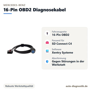 Mercedes-Benz 16-Pin OBD2 Diagnosekabel mit Übersicht der wichtigsten Anschlüsse
