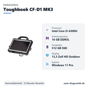 Panasonic Toughbook CF-D1 MK3 mit Übersicht der wichtigsten technischen Daten