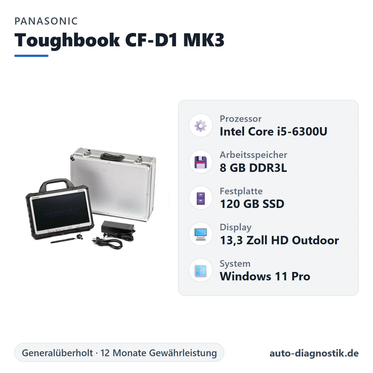 Panasonic Toughbook CF-D1 MK3 mit Übersicht der wichtigsten technischen Daten
