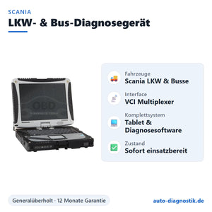 Scania LKW- & Bus-Diagnosegerät mit Übersicht der wichtigsten Funktionen