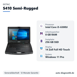 Getac S410 Semi-Rugged Notebook mit Übersicht der wichtigsten technischen Daten