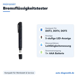 Bremsflüssigkeitstester für DOT3, DOT4 und DOT5 mit Übersicht der wichtigsten Funktionen
